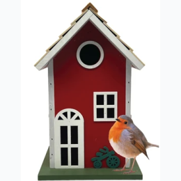11" Red Farmhouse-Inspired Wood Hanging Birdhouse Feeder