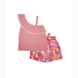Toddler Girl One Shoulder Pom Ruffle & Lace Top w/ Palm Poly Crepe Shorts Set