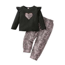 Infant Girl Leopard Heart Ribbed Ruffle Shoulder Top & Pants Set
