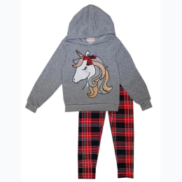 Girl's Long Sleeve Hooded Unicorn Top and Plaid Legging in Red