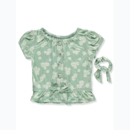 Girl's Sage Green Daisy Print Top w/ Matching Scrunchie