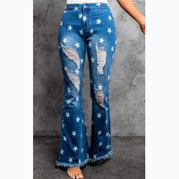 Women's Star Print Distressed Wide Raw Hem Flare Jeans