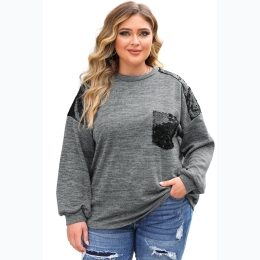 Women's Plus Sequin Patchwork Long Sleeve Top in Variegated Gray