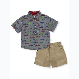 Infant Boy Car Print Button Down Shirt & Khaki Short Set