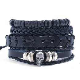 Men's Punk Style Alloy Skull Multilayer PU Bracelet in Black