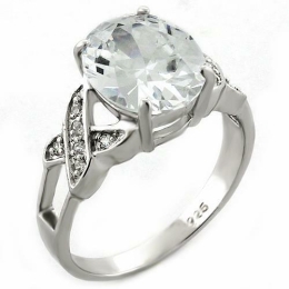 Women's Rhodium 925 Sterling Silver AAA Grade Center Round CZ Ring w/ Criss Cross Accents