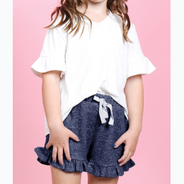 Toddler Girl's Off White Flutter Sleeve Top and Navy Ruffle Leg Short Set