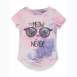 Toddler Girl's Hem Knot "It's Meow or Never" Tie-Dye T-Shirt