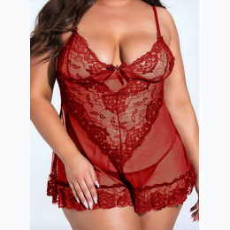 Plus & Extended Plus Size Lace Seduction Lingerie with Thong in Red