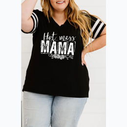 Women's Plus "Hot Mess MAMA" Varsity Striped Sleeve T-Shirt in Black