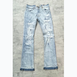 Men's Worn Down Distressed Stacked Denim Jeans 36" Inseam - LIGHT (Ice Blue) - SIZE 36