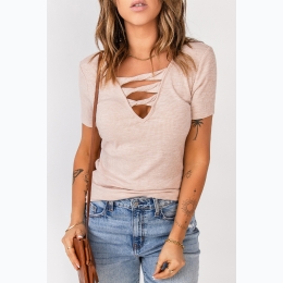 Women's Twist Hollowed Out V-Neck Rib Knit T-Shirt in Apricot