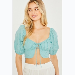 Women's Boho Woven Puffed Sleeve Lace-Up Crop Top in Mint