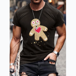 Men's Black Graphic Print Short Sleeve T-shirt - Gingerbread Man