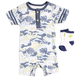 Newborn Boy Blue Jungle Camo Romper & Sock Set