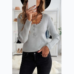 Women's Knitted 3-Button Scallop Lace Neckline Sweater - 2 Color Options