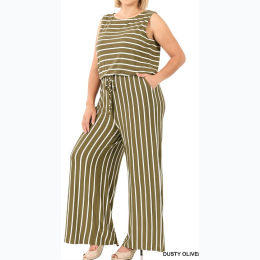 Plus Size Striped Sleeveless Jumpsuit with Pocket In Olive