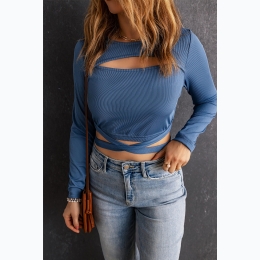 Women's Hollow-out Criss Cross Slim-fit Crop Top in Blue