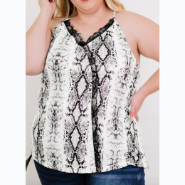Plus & Extended Plus Size Snakeskin Lace Splicing Spaghetti Strap Tank Top - 1XL