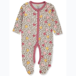 Newborn Girl Rose Trim Leopard & Heart Printed Footed Coveralls
