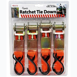4 Pack 15' Ratchet Tie-Down Set with Buckle