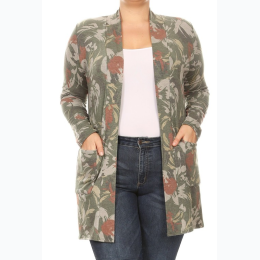 Plus Size Abstract Print Duster Cardigan in Olive