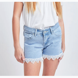 Girls Mid-Rise Denim Shorts With Lace Trimmed Hem