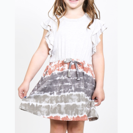 Toddler Girl's Flutter Sleeves Cinch Waist Tie Dye Bottom Dress- 2T