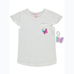Girl's Flutter Sleeve Graphic Back Butterfly Pocket Tee w/ Pop it Keychain in White
