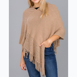 Women's Cage With Ribbed Knit Thick Fringed V-Neck Poncho - 6 Color Options