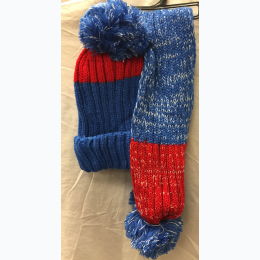 Winter Scarf with Pom Poms and Hat - In Blue/Red