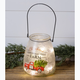Frosted Glass Luminary With Handle - Christmas Tree Farm