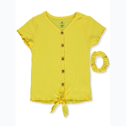 Girls' Ribbed Faux Buttoned Tie Hem Top in Yellow w/ Hair Tie