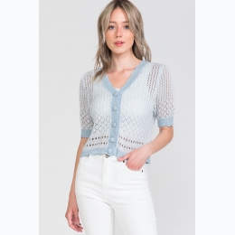Women's Knit Button Down Short Sleeve Cardigan in Ice Blue