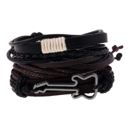 Men's Guitar Charm Layered Leather Bracelet in Brown/Black