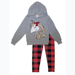 Girl's LS Unicorn Print with Bow Hooded Top and Plaid Legging