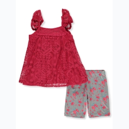 Infant Girl Lace Knit Overlay Tank and Floral Short Set in Fuschia
