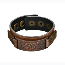 Men's Vintage Metal Tribal Plate Leather Snap Button Bracelet in Brown
