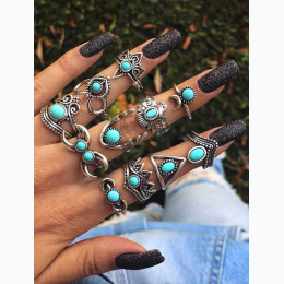 Vintage Look Western Faux Turquoise Ring Set - 11 Piece Set