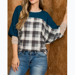 Plus Size Oversize Plaid Dolman Top With Contrast Detail in Dark Peacock
