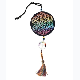 Tie Dye Wooden Flower of Life w/Tree of Life & Evil Eye Charm Wall Hang - 11" H