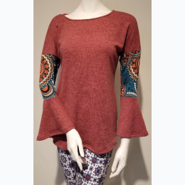 Women's Contrast Wide Sleeve Top in Red Rust- SIZE S