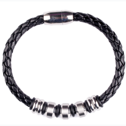 Men's Braided Leather & Stainless Steel Bracelet w/ Black Velvet Bag