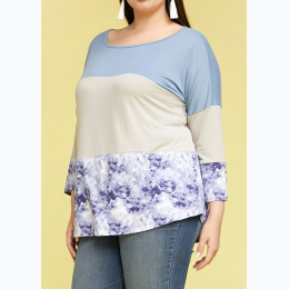 Plus Size Color Block Top In Blue/Grey