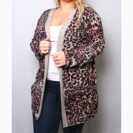 Plus Size Long Sleeves Animal Print Open Front Pocket Cardigan in Black/Pink - SIZE 1X