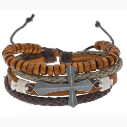 Vintage Look Metal Cross & Wooden Beads PU Bracelet in Brown
