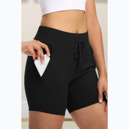 Women's Tie Waist Slim Fit Yoga Shorts with Pocket in Black