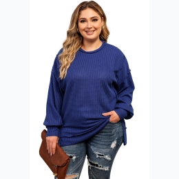 Women's Plus Waffle Knit Oversized Exposed Seam Top in Blue