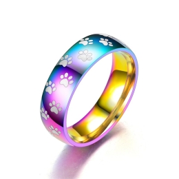 Multi-Color Iridecent Paw Print Design Stainless Steel Ring