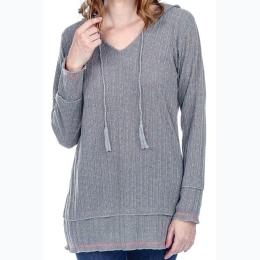 Women's Textured Multi Layered Hem & Cuff Hooded Top in Grey - SIZE S